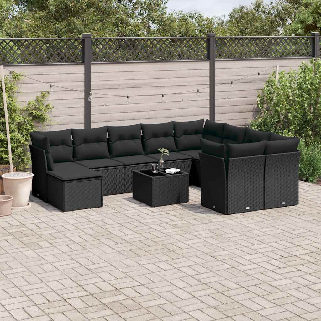 10 Pcs conjunto sofás de jardim c/ almofadões vime PE preto
