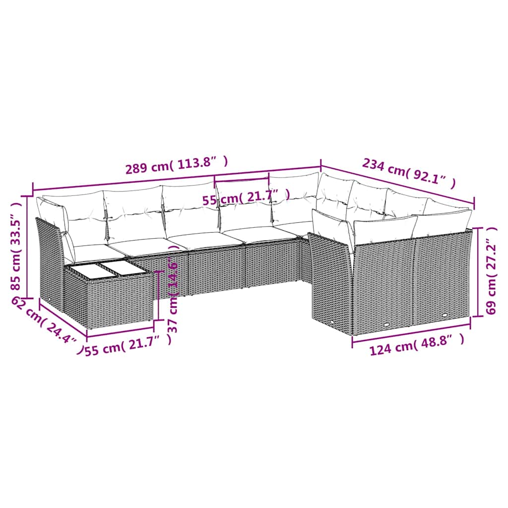 10 Pcs conjunto sofás de jardim c/ almofadões vime PE preto