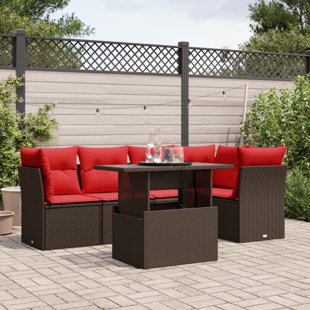 Conjunto de sofá de jardim com 6 peças e almofadas em rattan sintético marrom