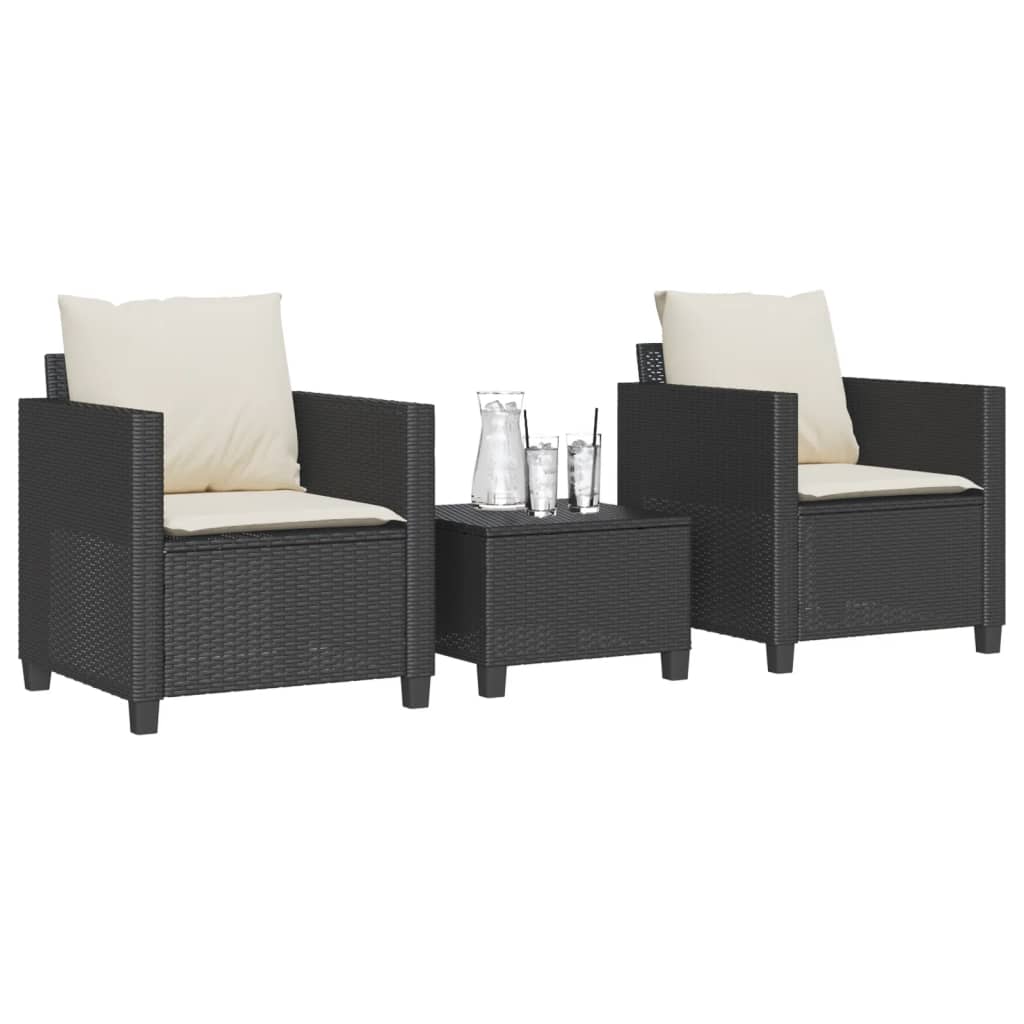 3 Pcs conjunto de bistrô com almofadões vime PE preto