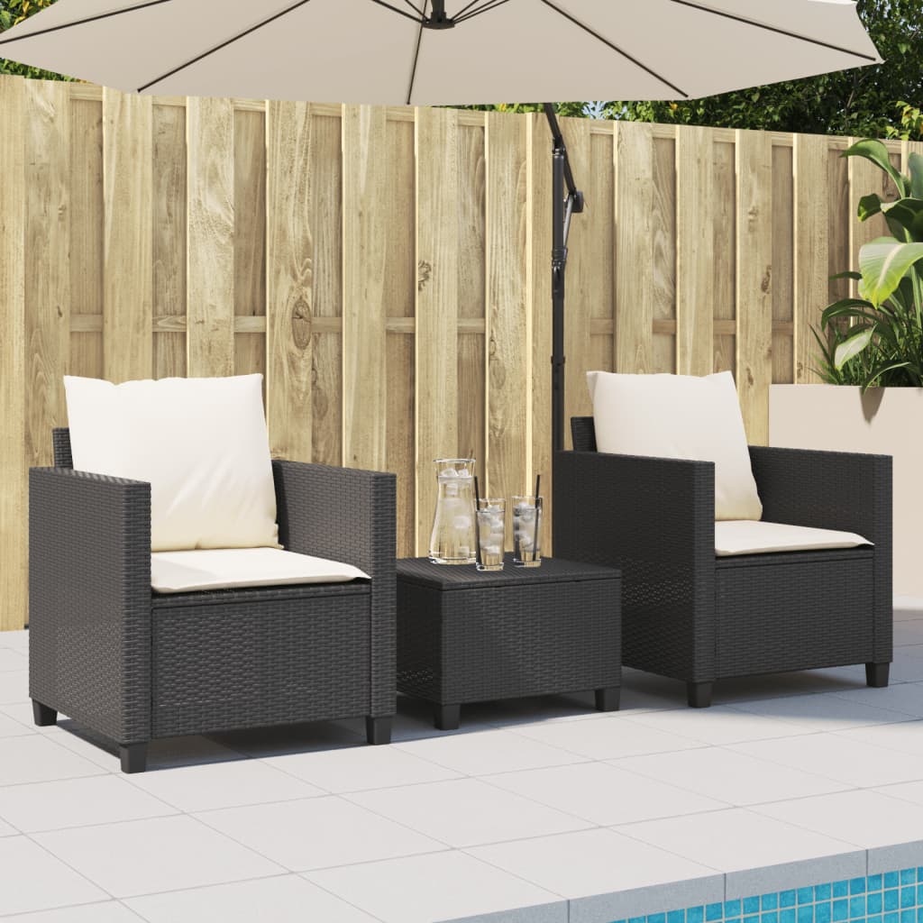 3 Pcs conjunto de bistrô com almofadões vime PE preto