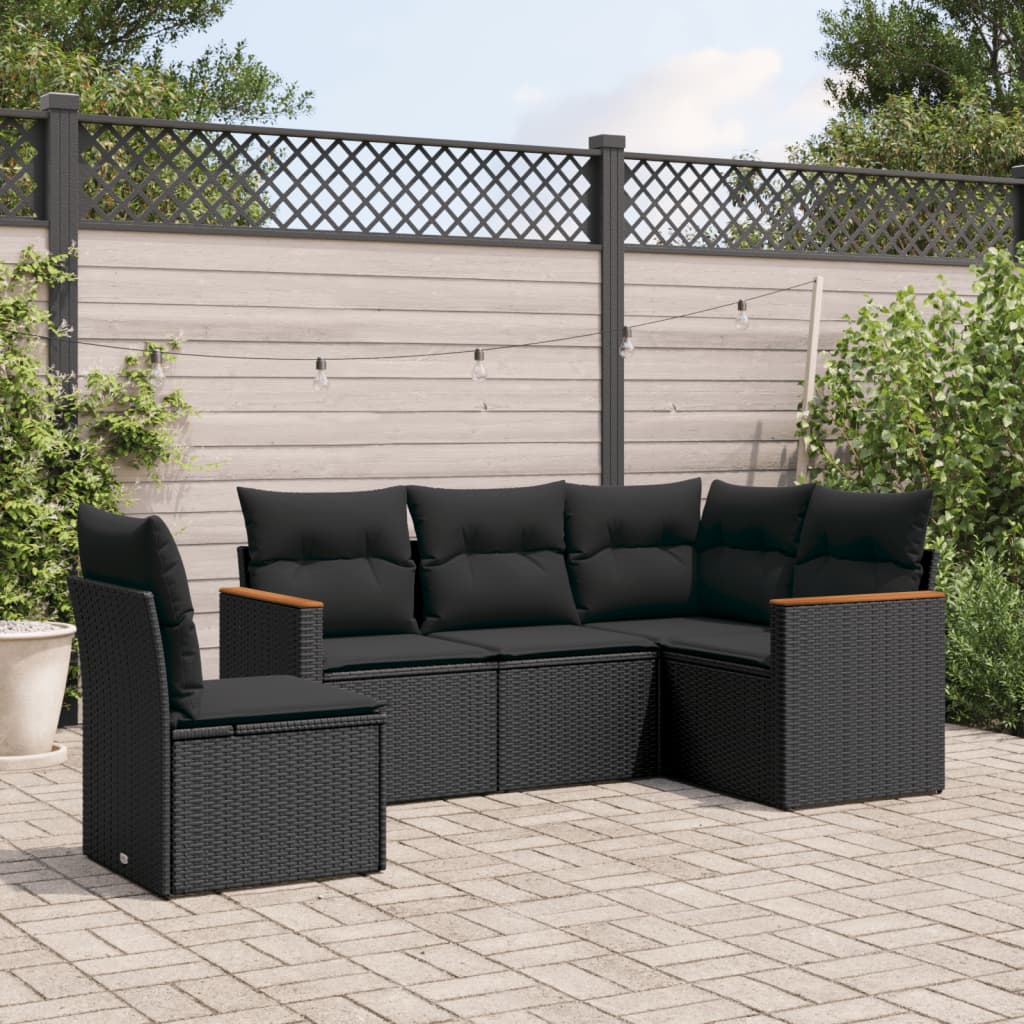 5 Pcs conjunto sofás de jardim com almofadões vime PE preto