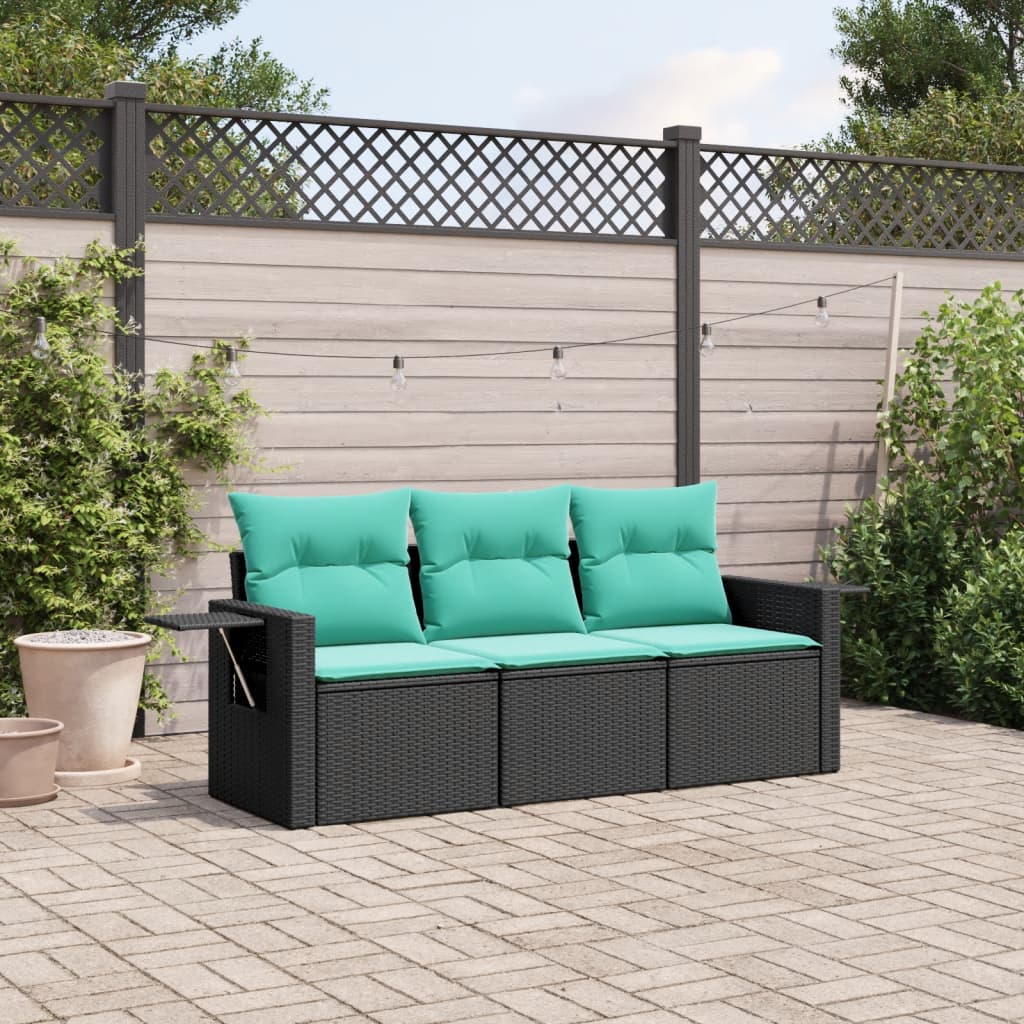 Conjunto de sofá de jardim de 3 peças com almofadas em rattan sintético preto