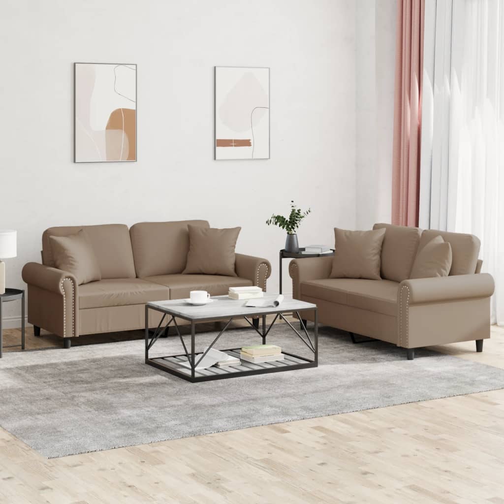 2 Pcs conjunto sofás c/ almofadas couro artificial cappuccino
