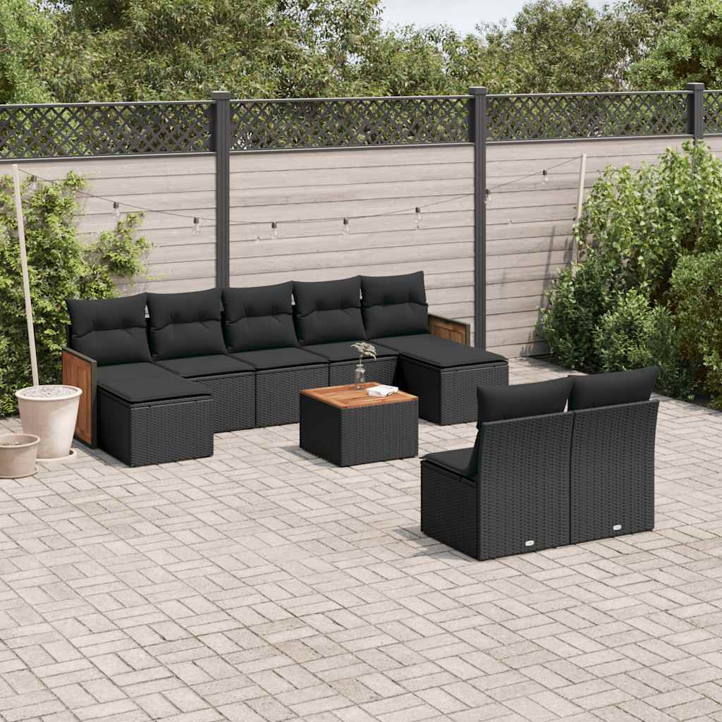 10 Pcs conjunto sofás de jardim c/ almofadões vime PE preto