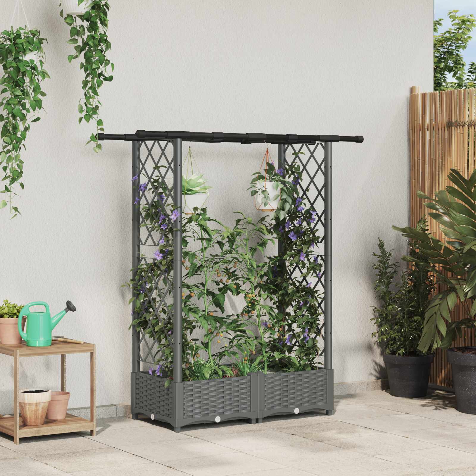 Cama elevada com treliça e telhado cinzento-claro PP