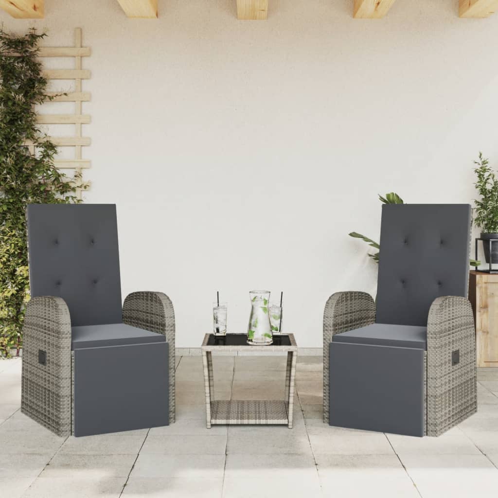3 Pcs conjunto de jantar p/ jardim c/ almofadões vime PE cinza