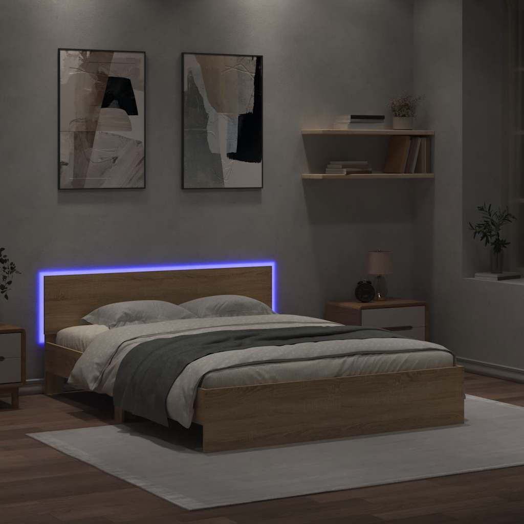 Estrutura cama c/ cabeceira/luzes LED 160x200cm carvalho sonoma