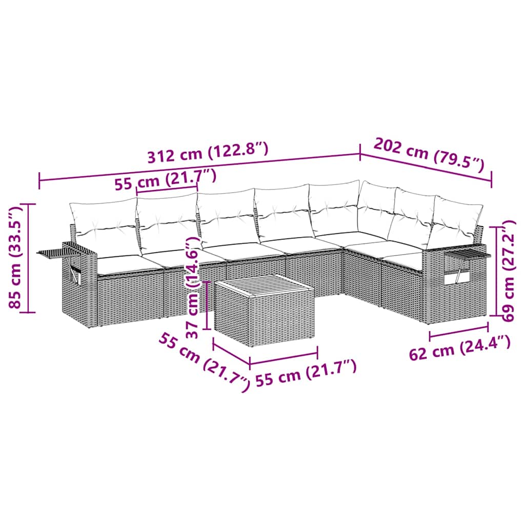 8 Pcs conjunto sofás de jardim com almofadões vime PE preto