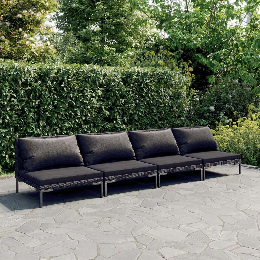 4 Pcs conj. lounge jardim c/ almofadões vime PE cinza-escuro