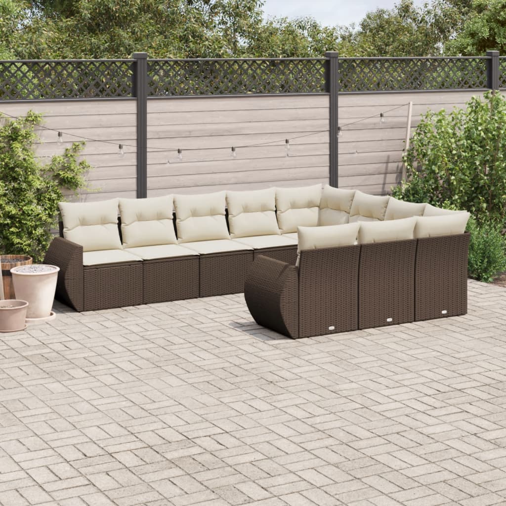 10 Pcs conj. sofás jardim com almofadões vime PE castanho