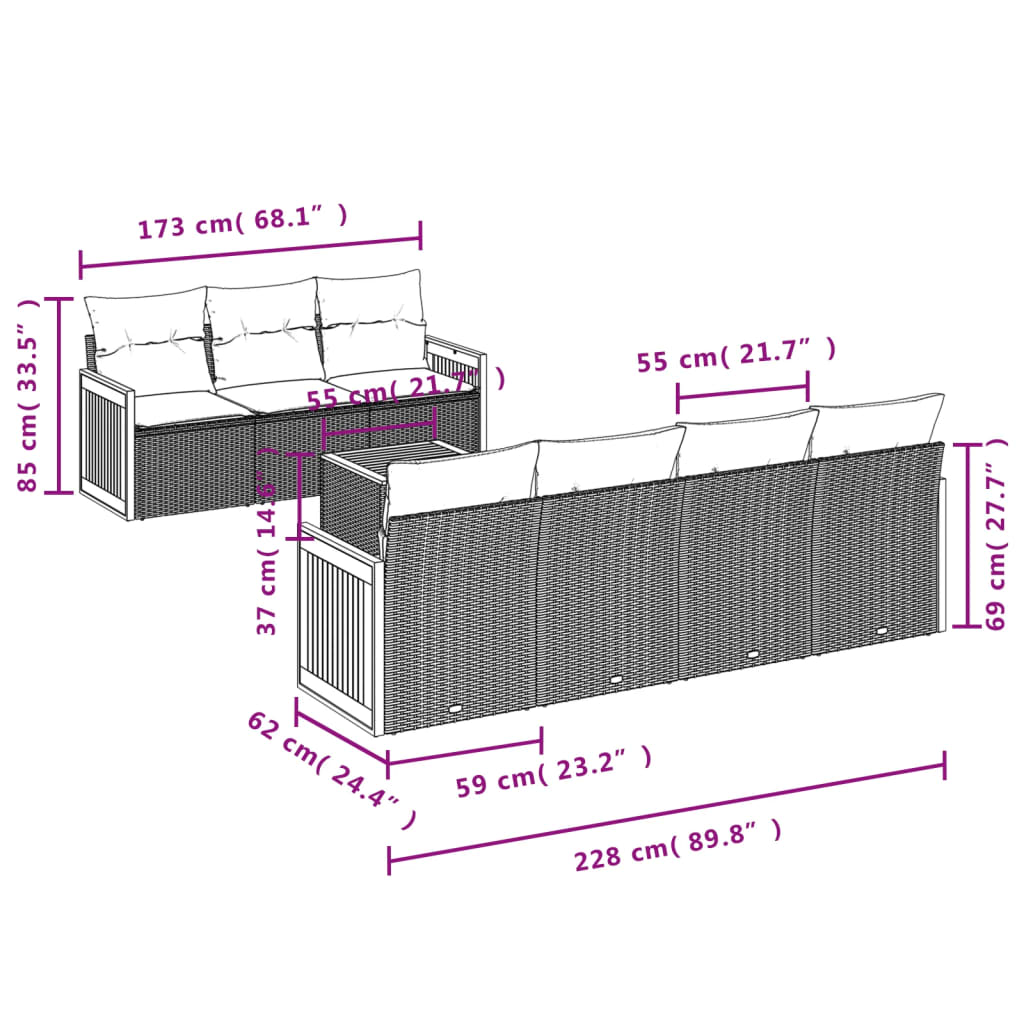 8 Pcs conjunto sofás de jardim com almofadões vime PE preto