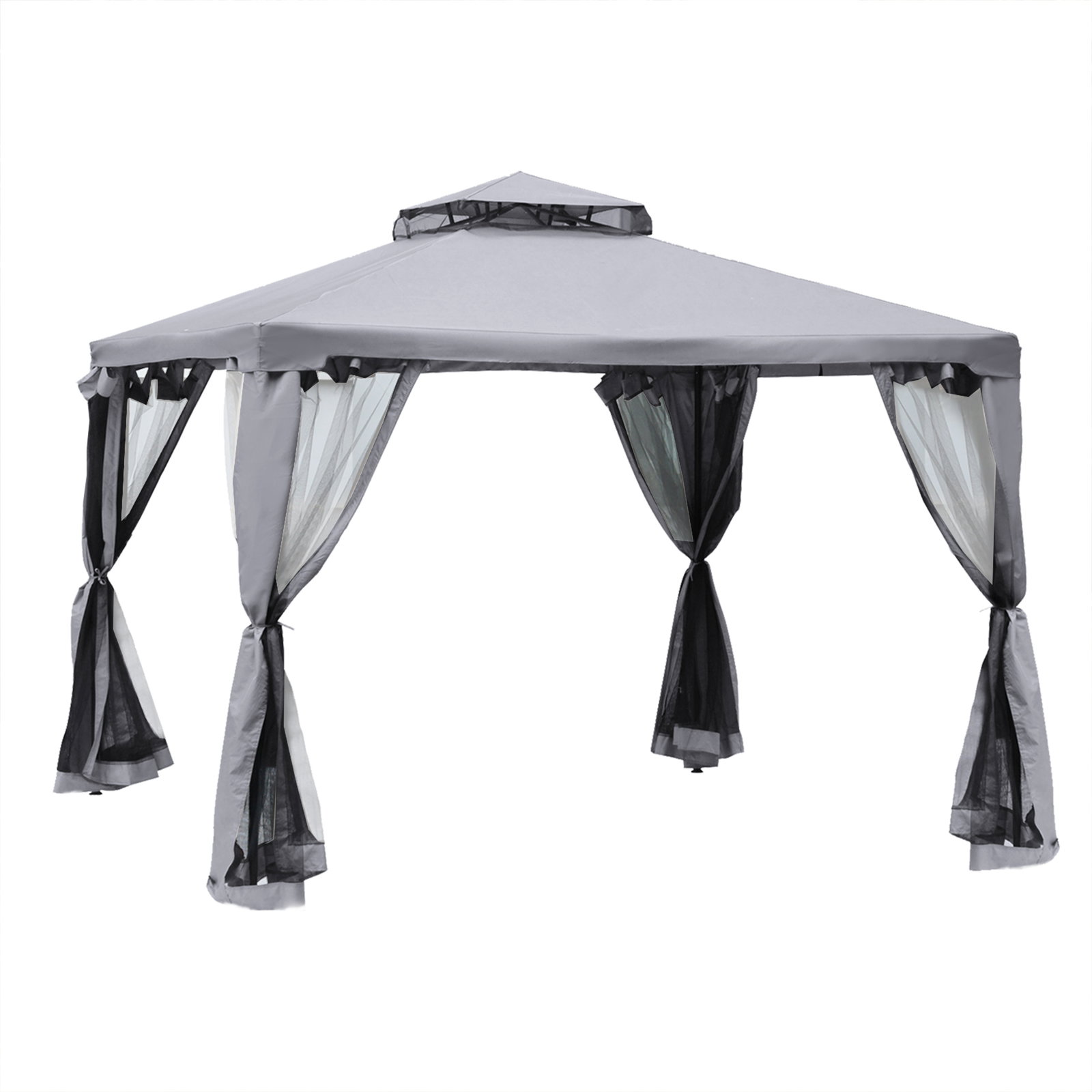 Pérgola de jardim 294x294x265cm com duplo teto de ventilação 8 orifícios de drenagem e 4 telas mosquiteiras cinza