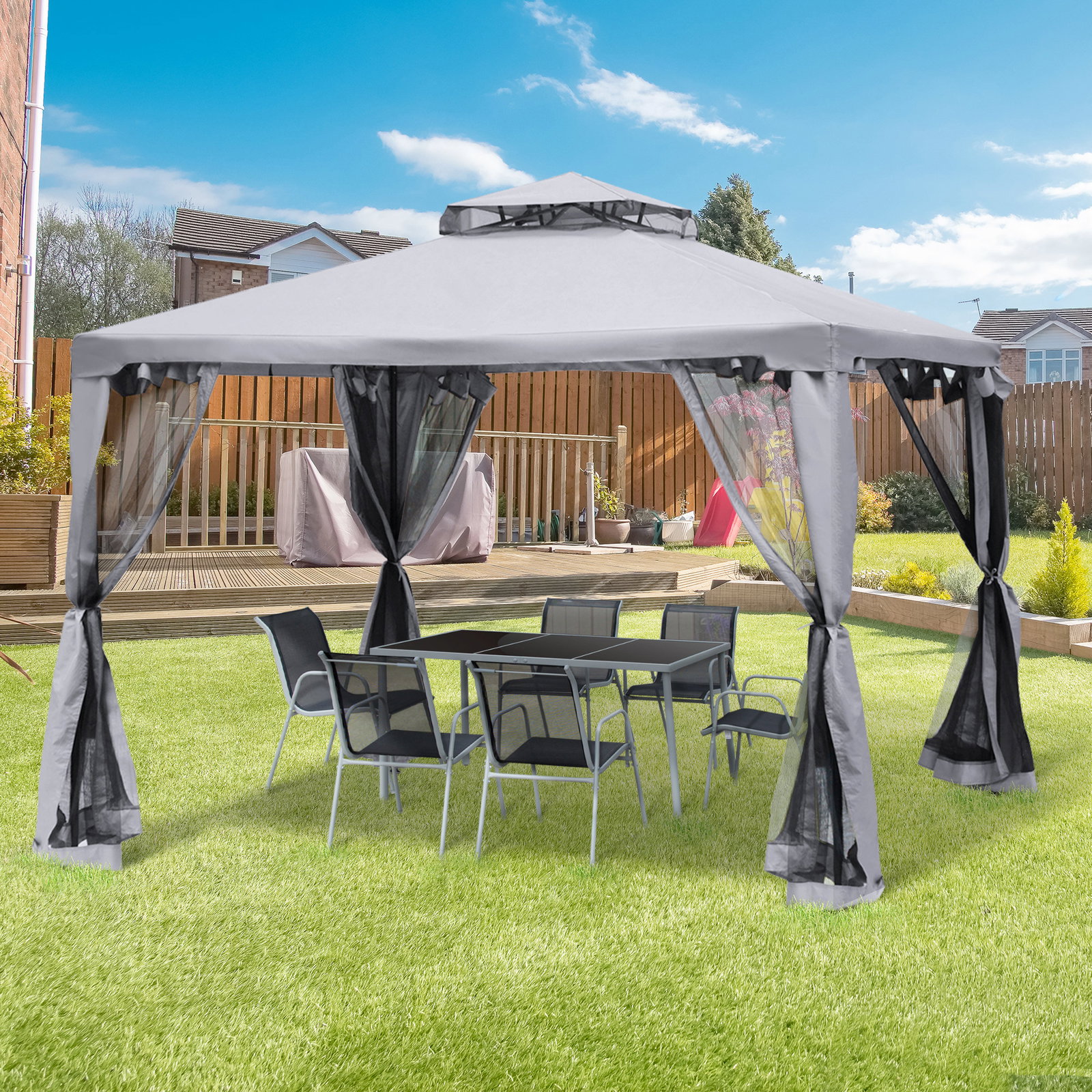 Pérgola de jardim 294x294x265cm com duplo teto de ventilação 8 orifícios de drenagem e 4 telas mosquiteiras cinza