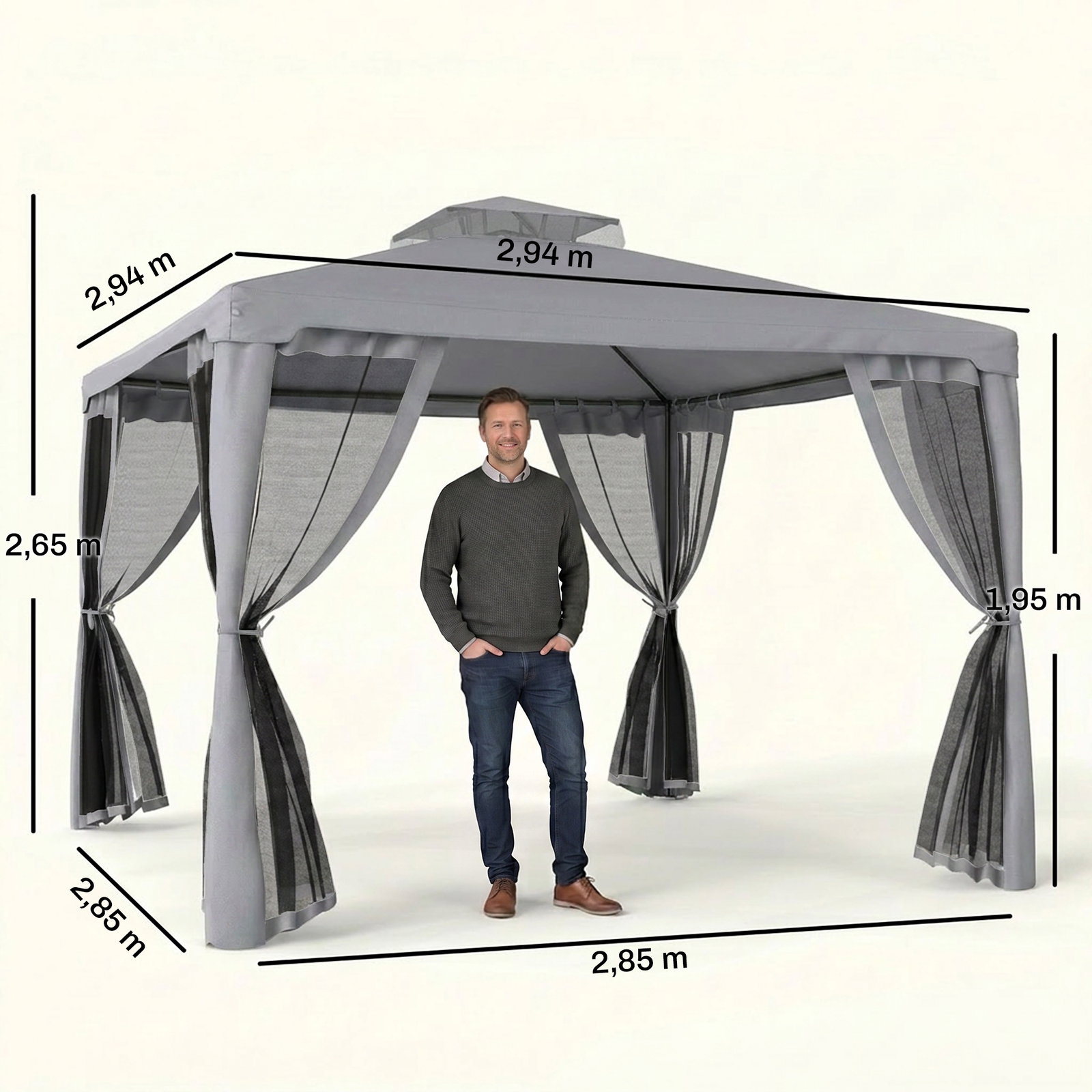 Pérgola de jardim 294x294x265cm com duplo teto de ventilação 8 orifícios de drenagem e 4 telas mosquiteiras cinza