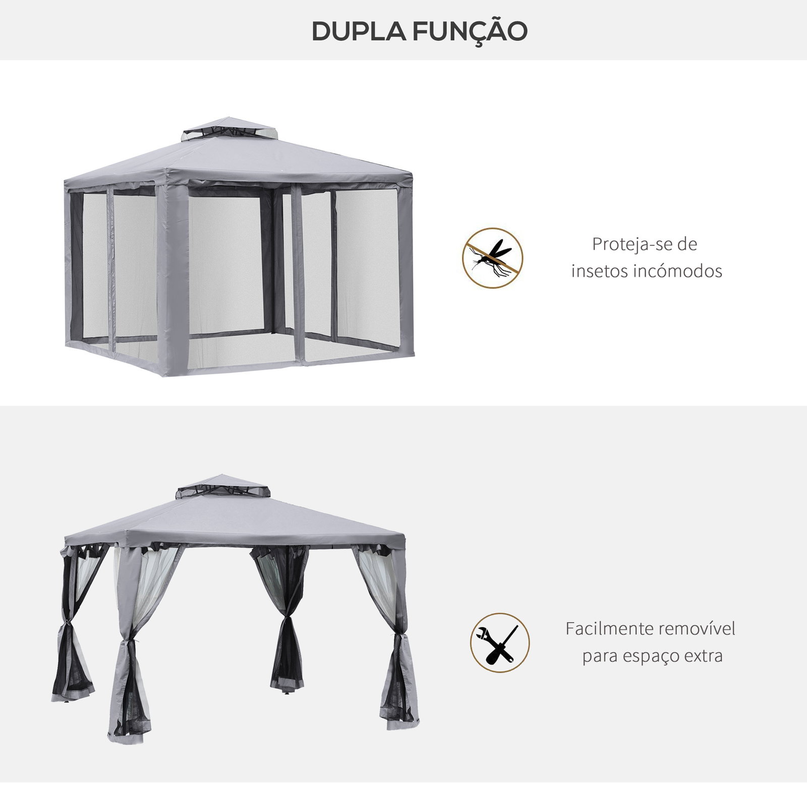 Pérgola de jardim 294x294x265cm com duplo teto de ventilação 8 orifícios de drenagem e 4 telas mosquiteiras cinza
