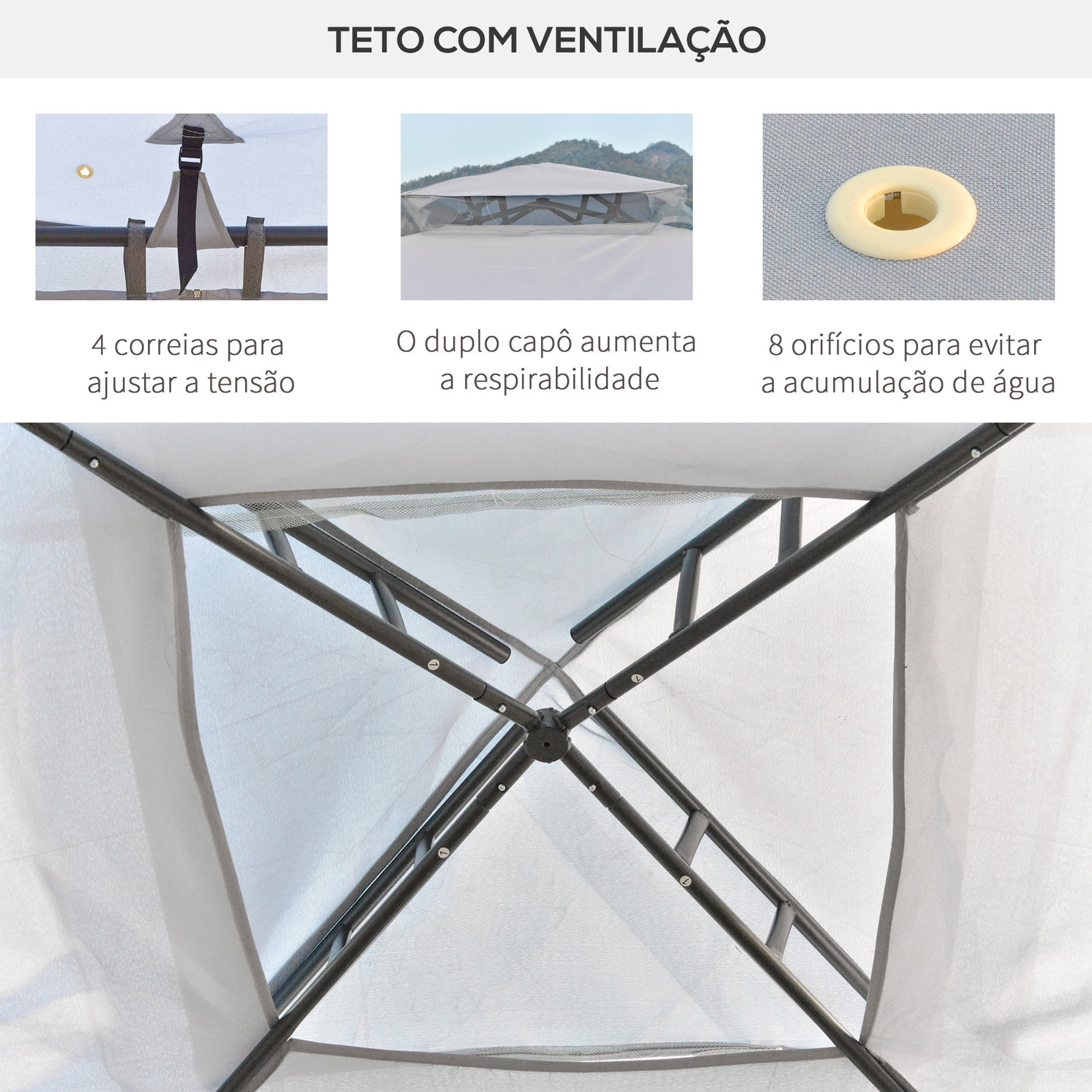 Pérgola de jardim 294x294x265cm com duplo teto de ventilação 8 orifícios de drenagem e 4 telas mosquiteiras cinza
