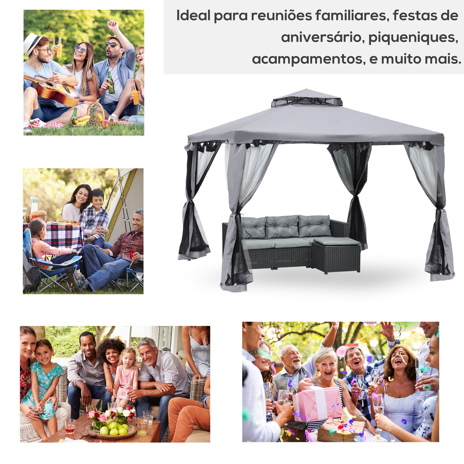 Pérgola de jardim 294x294x265cm com duplo teto de ventilação 8 orifícios de drenagem e 4 telas mosquiteiras cinza