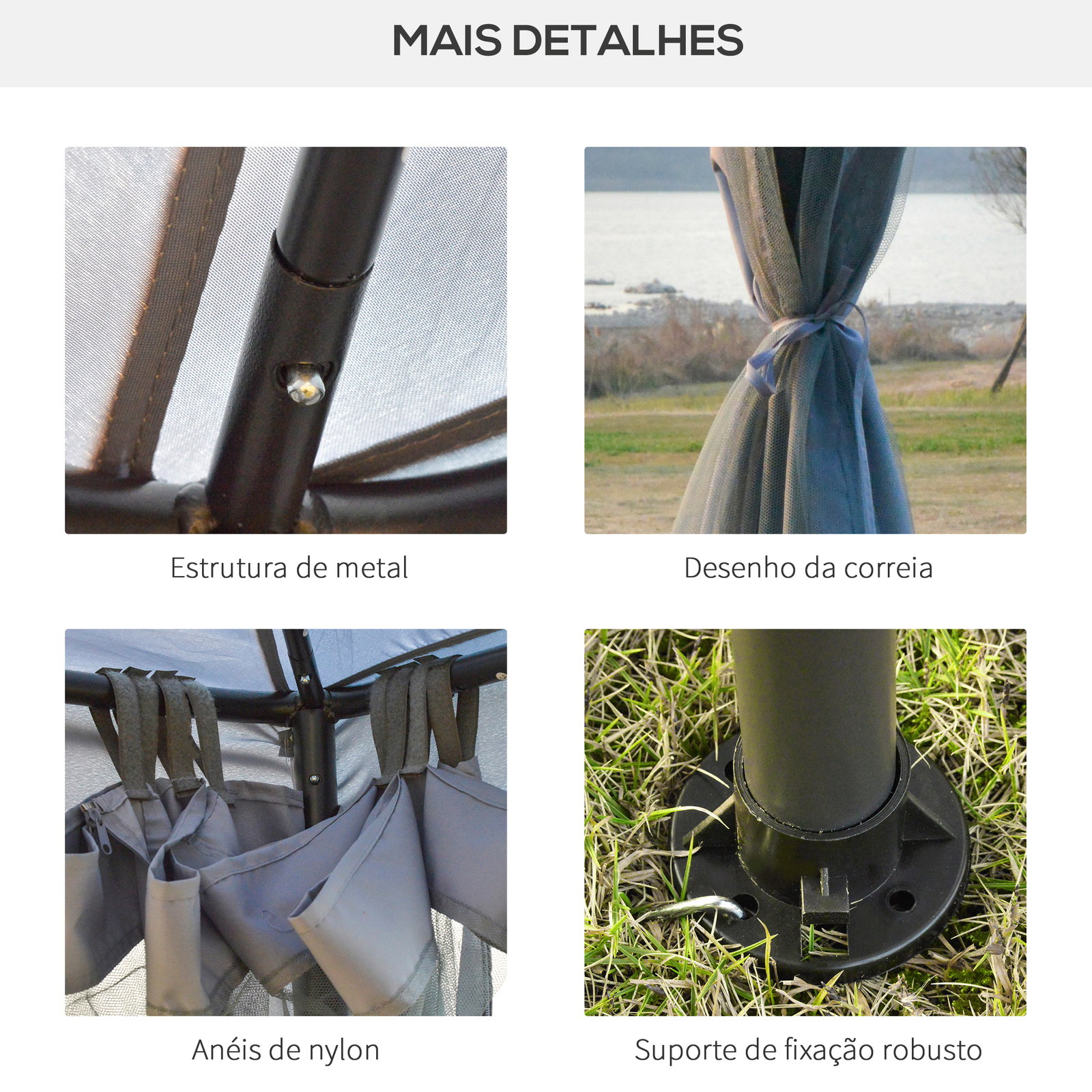 Pérgola de jardim 294x294x265cm com duplo teto de ventilação 8 orifícios de drenagem e 4 telas mosquiteiras cinza