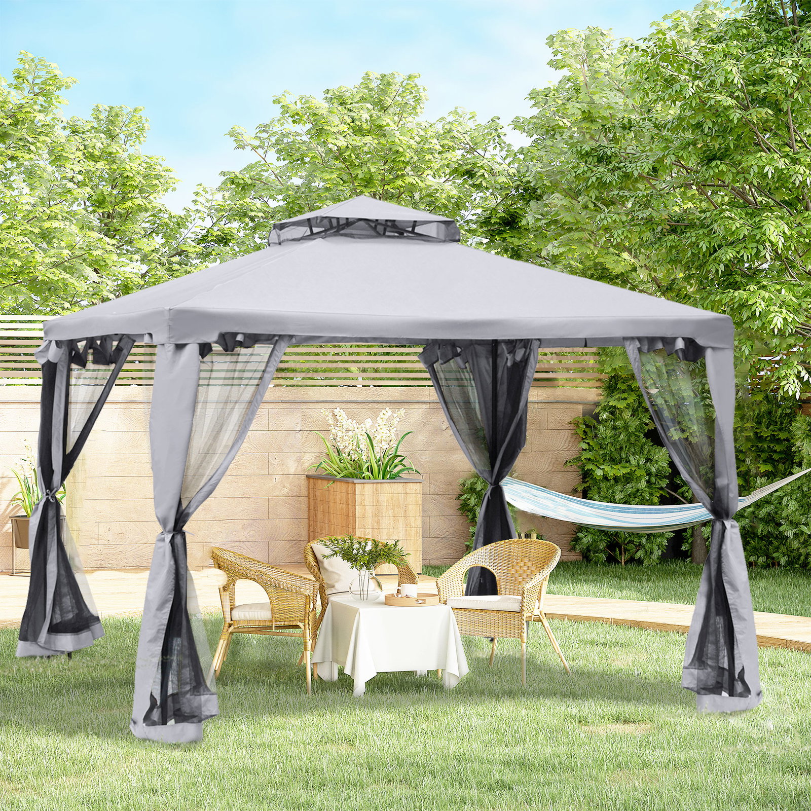 Pérgola de jardim 294x294x265cm com duplo teto de ventilação 8 orifícios de drenagem e 4 telas mosquiteiras cinza
