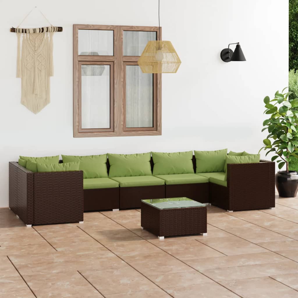 8 Pcs conjunto lounge jardim c/ almofadões vime PE castanho