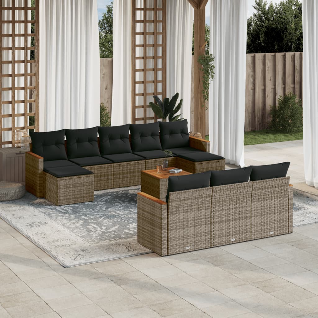 11 Pcs conjunto sofás de jardim c/ almofadões vime PE cinzento