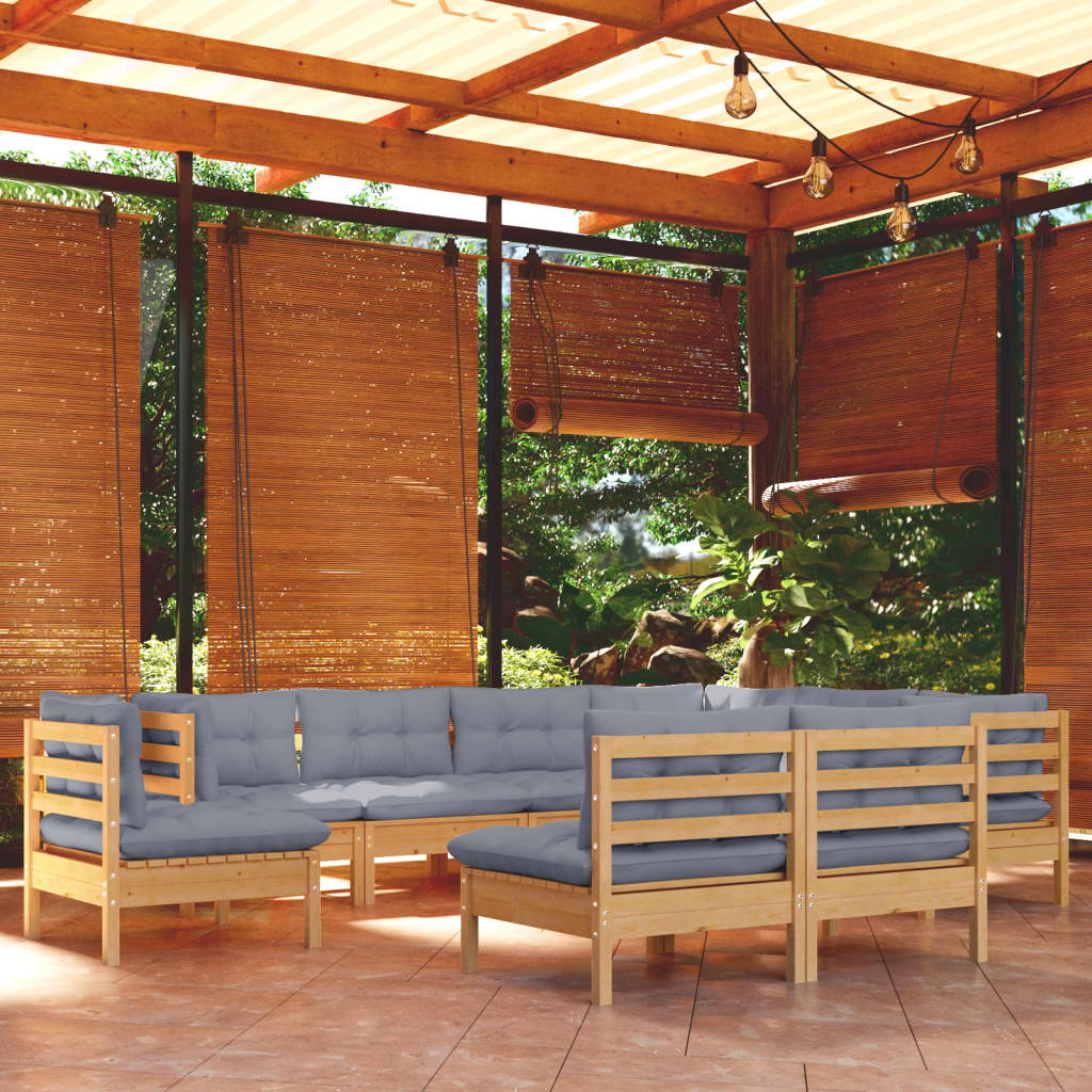 9 Pcs conjunto lounge de jardim + almofadões cinza pinho maciço