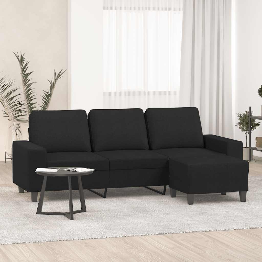 Sofá de 3 lugares com apoio de pés 180 cm tecido preto