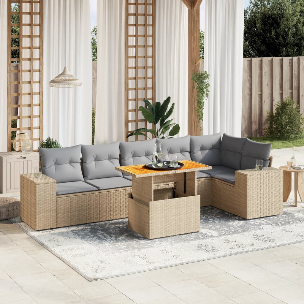 7 Pcs conjunto de sofás p/ jardim com almofadões vime PE bege