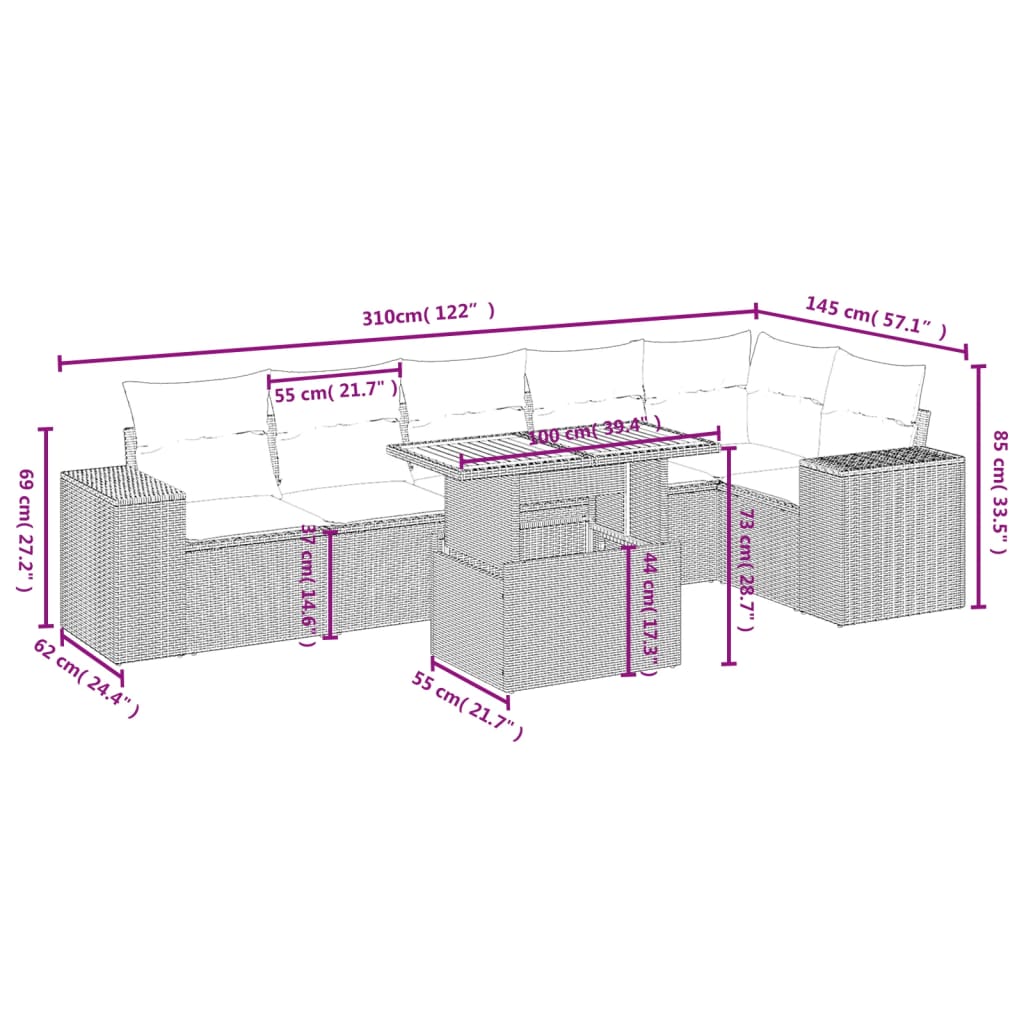 7 Pcs conjunto de sofás p/ jardim com almofadões vime PE bege