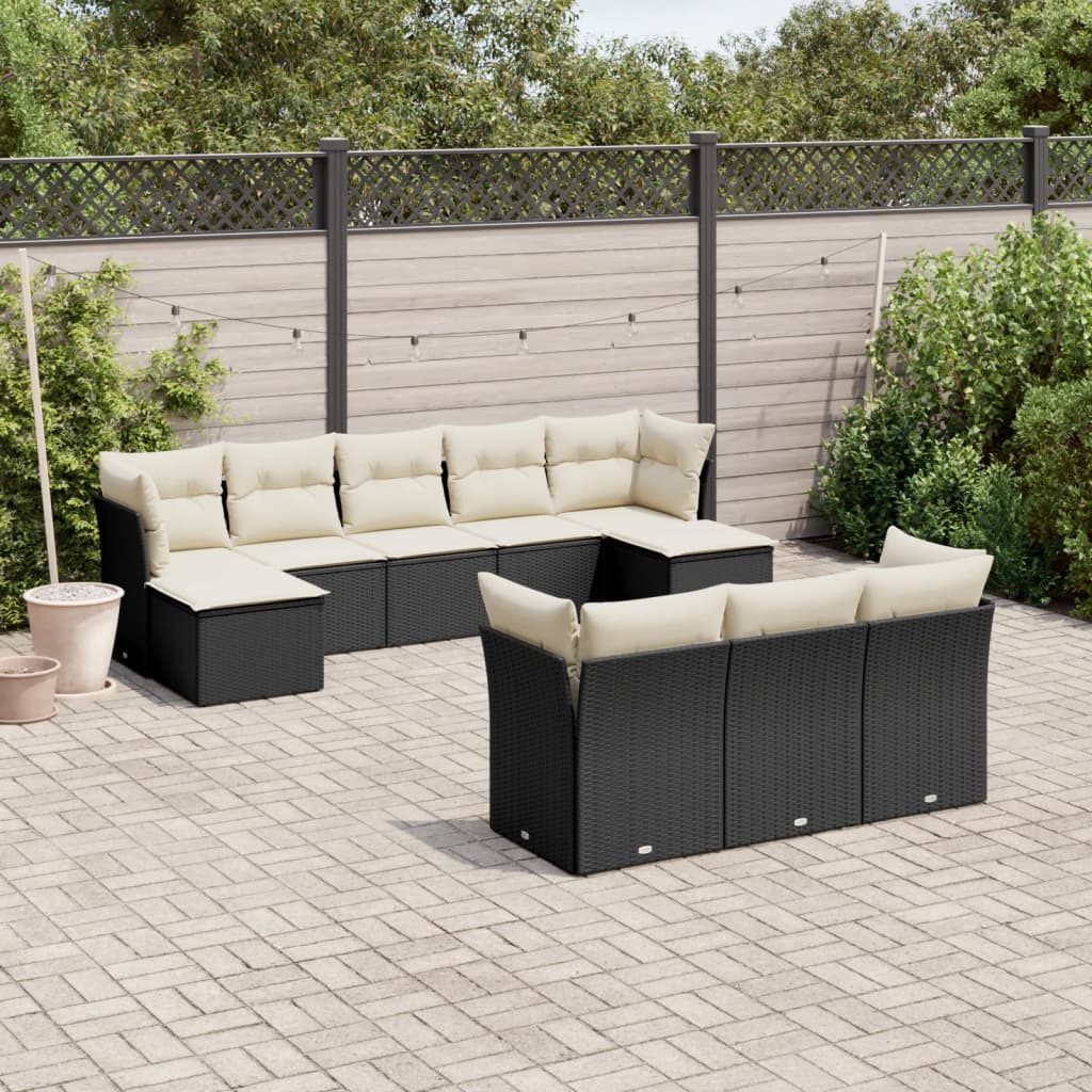 10 Pcs conjunto sofás de jardim c/ almofadões vime PE preto