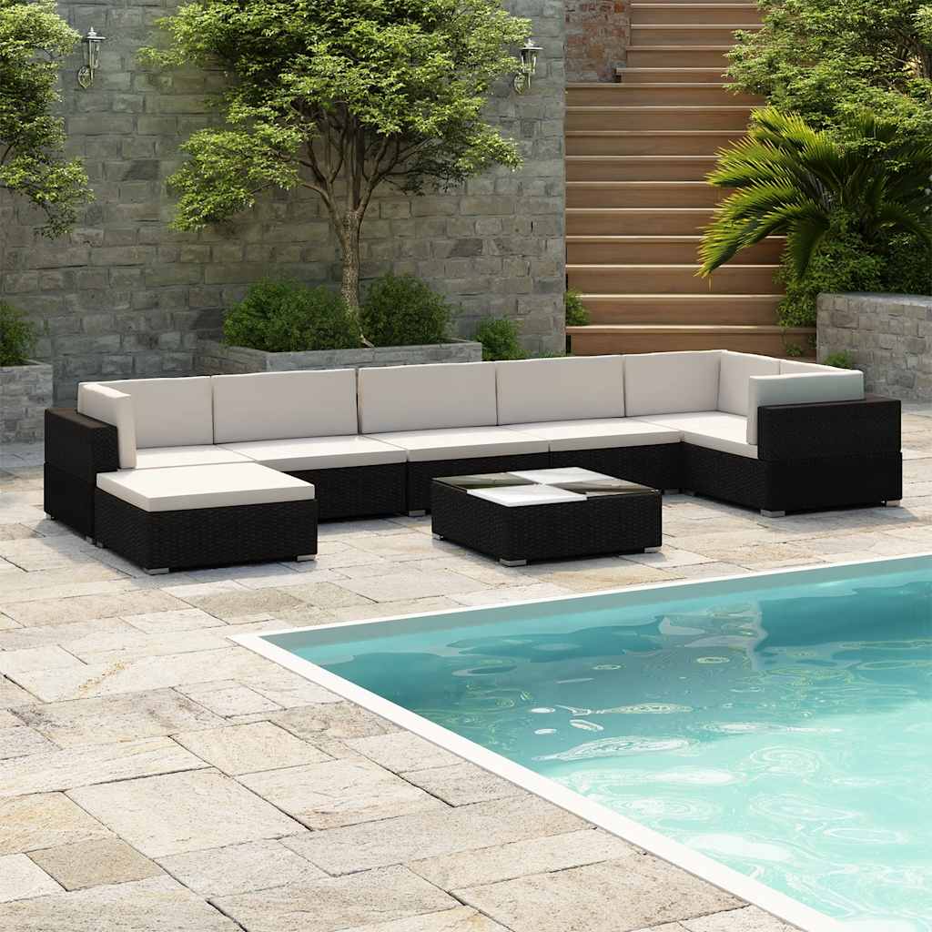 8 Pcs conjunto lounge de jardim c/ almofadões vime PE preto