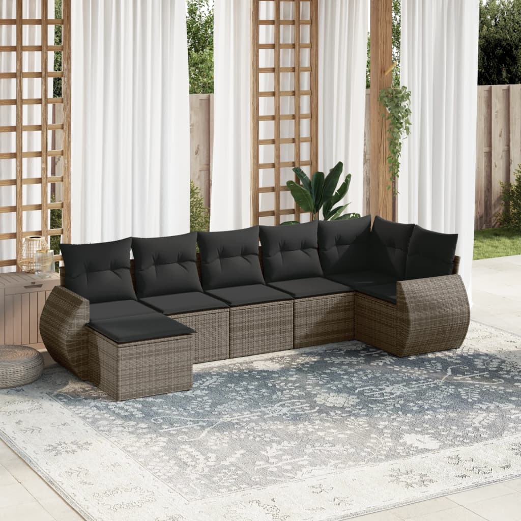 7 Pcs conjunto sofás p/ jardim c/ almofadões vime PE cinzento