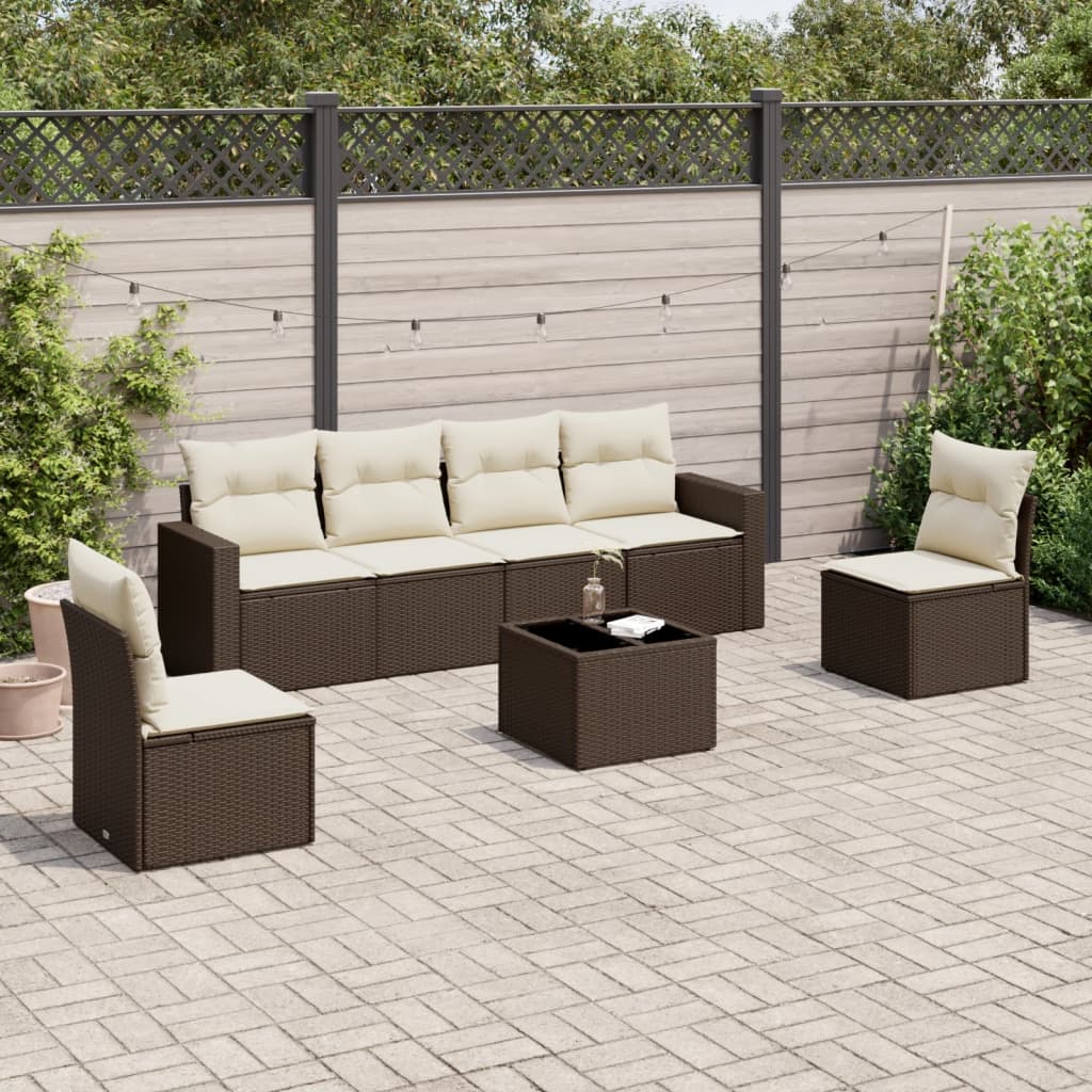 7 Pcs conjunto de sofás jardim c/ almofadões vime PE castanho