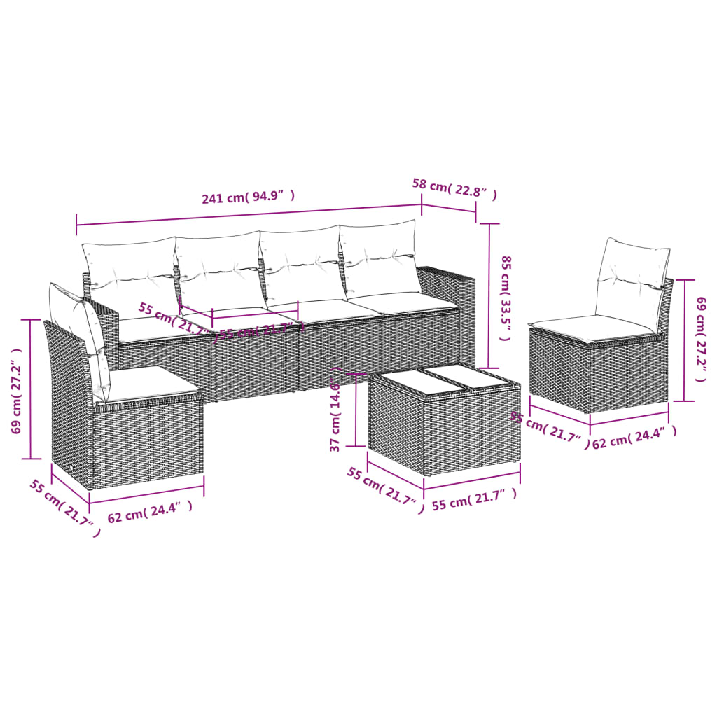 7 Pcs conjunto de sofás jardim c/ almofadões vime PE castanho