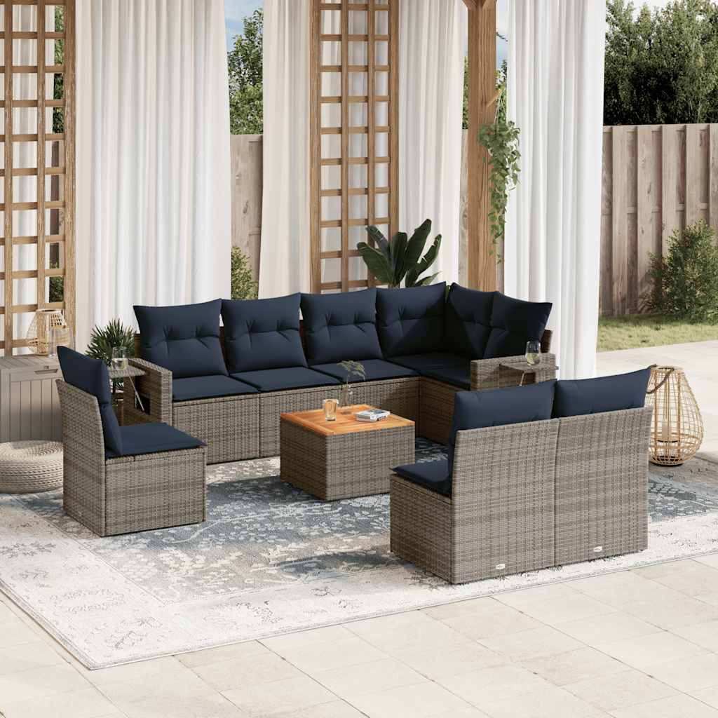 Conjunto de sofá de jardim de 9 peças com almofadas em rattan sintético cinza