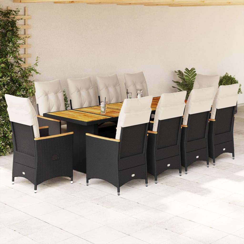 11 Pcs conjunto de bistrô p/ jardim c/ almofadões vime PE preto