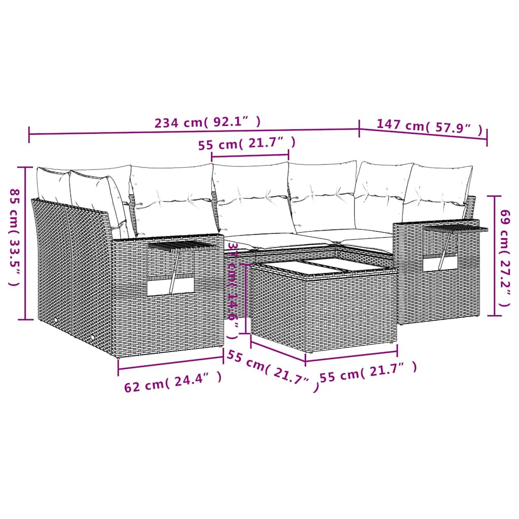 7 Pcs conjunto de sofás p/ jardim c/ almofadões vime PE preto