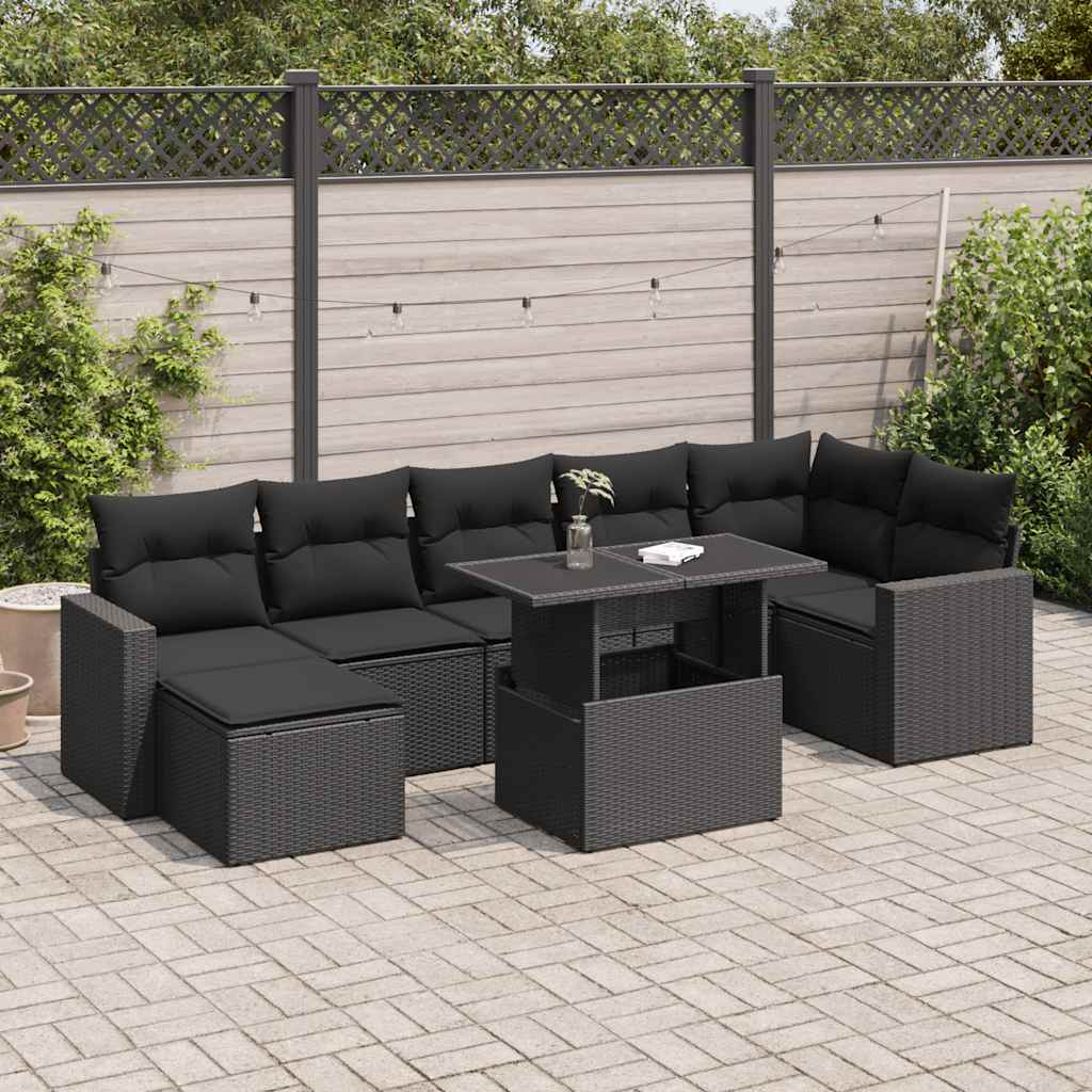8 Pcs conjunto sofás de jardim com almofadões vime PE preto