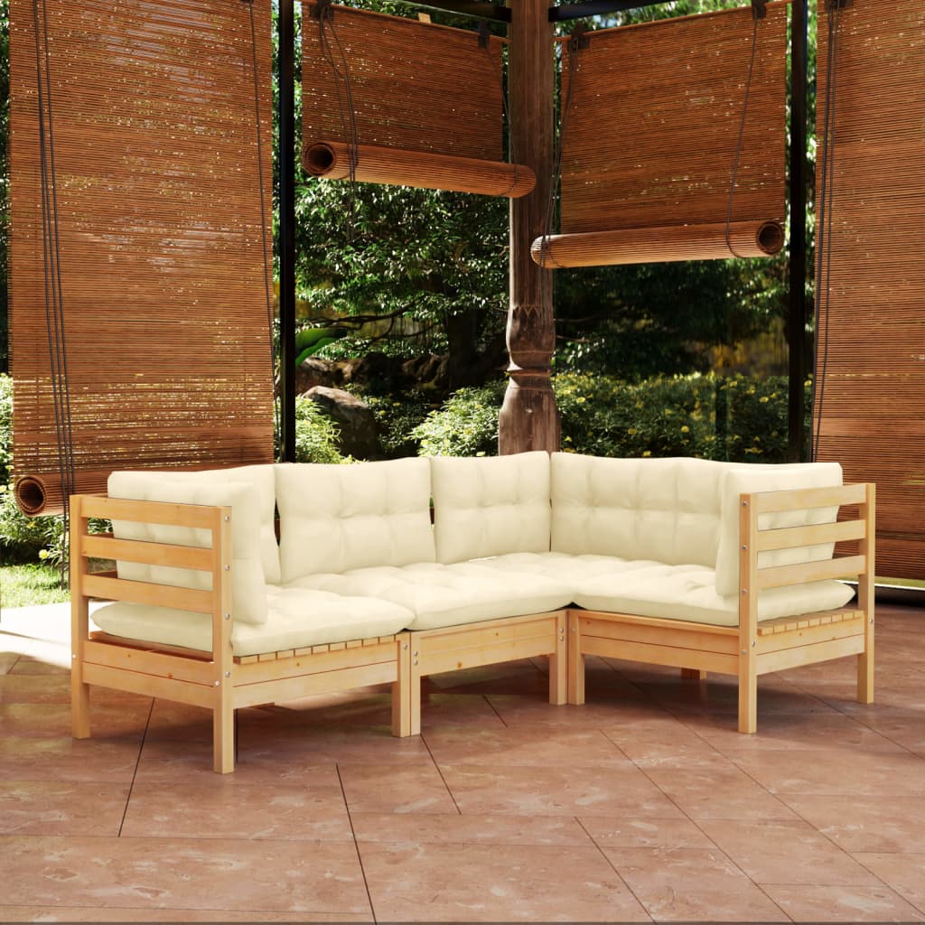 4 Pcs conjunto lounge de jardim c/ almofadões cor creme pinho