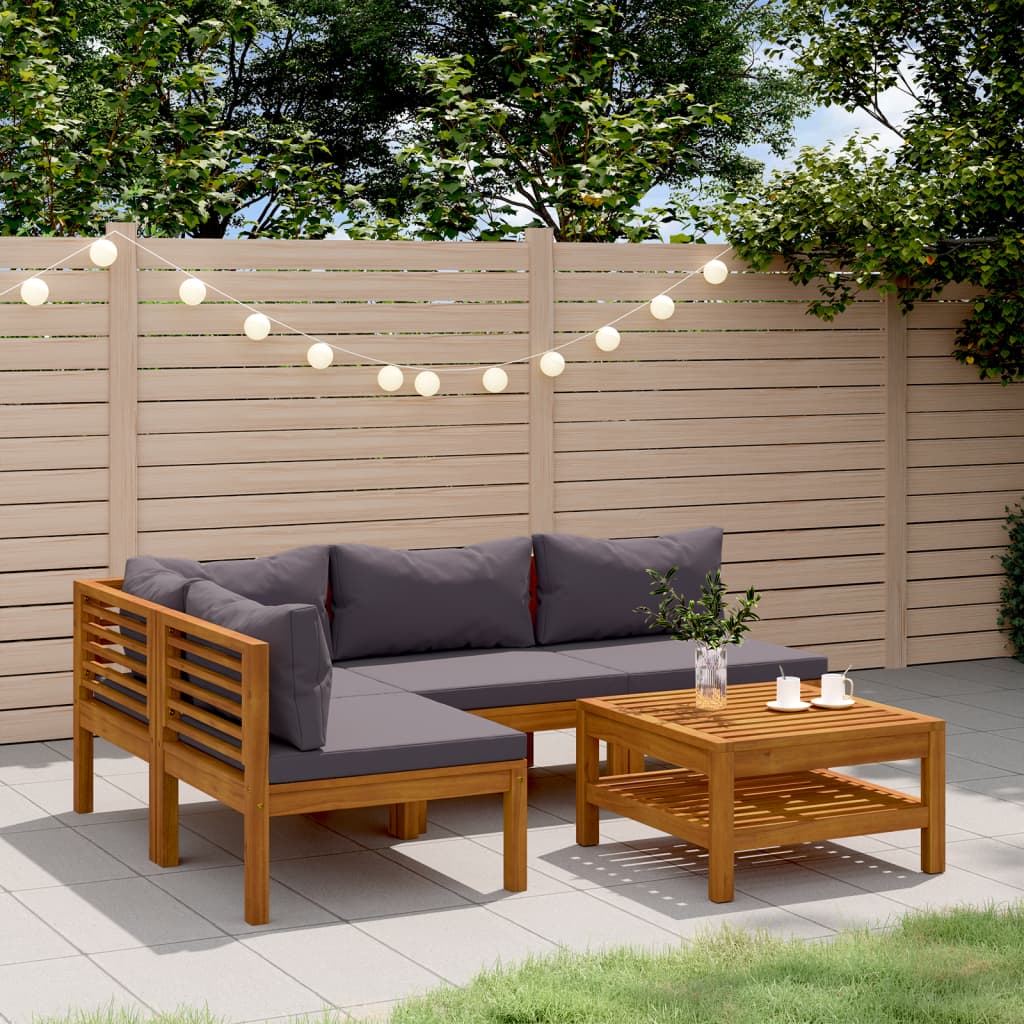 5 Pcs conjunto lounge de jardim c/ almofadões acácia maciça