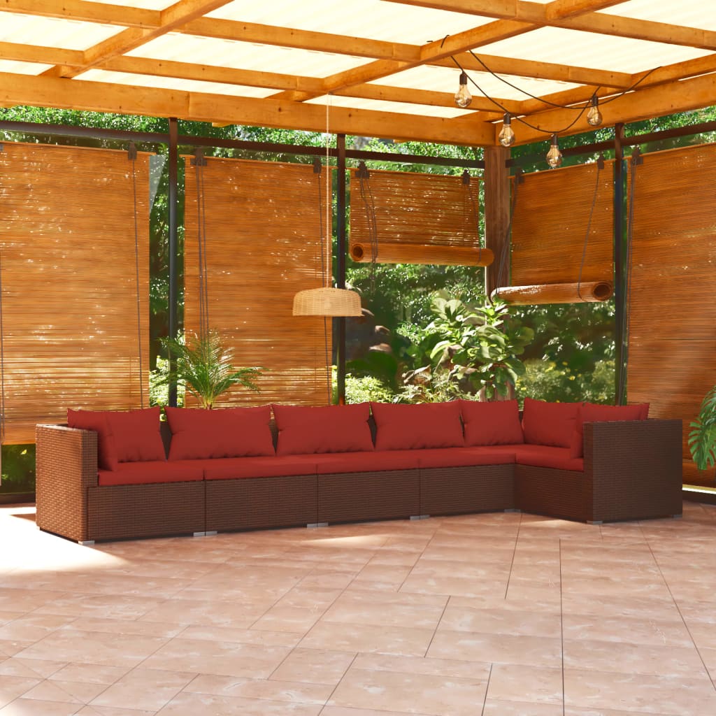 6 Pcs conjunto lounge jardim c/ almofadões vime PE castanho