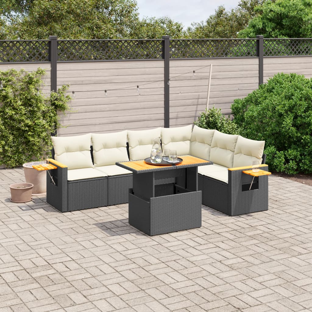 7 Pcs conjunto de sofás p/ jardim c/ almofadões vime PE preto