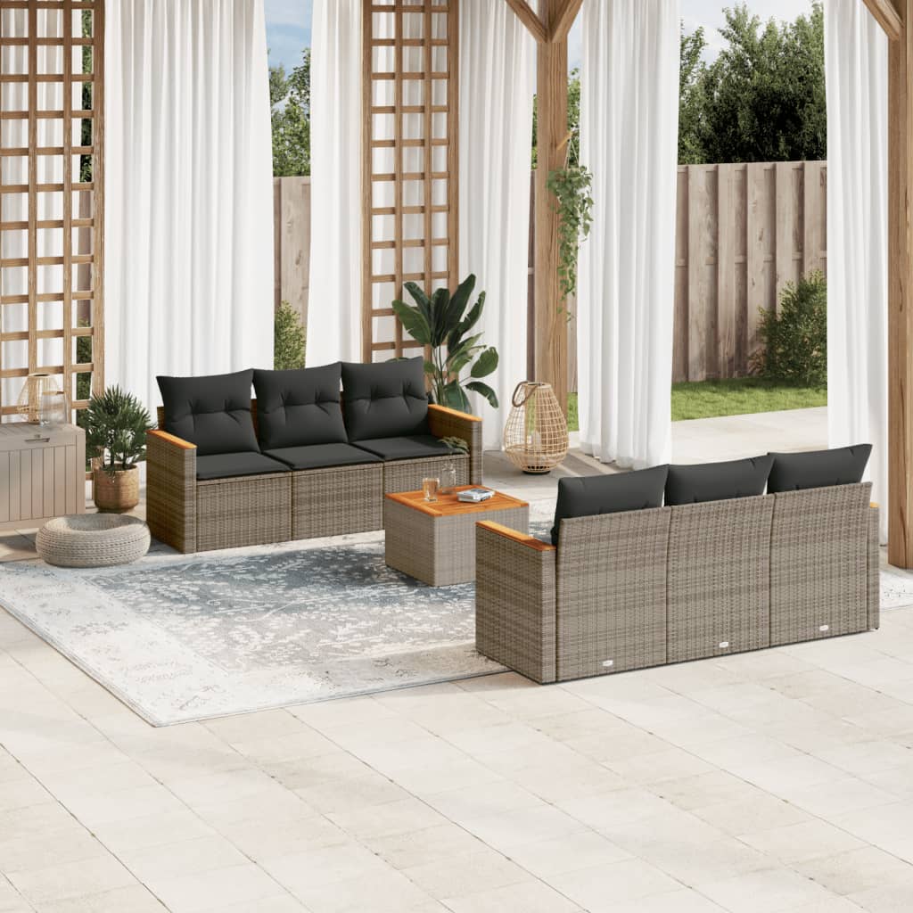 7 Pcs conjunto sofás p/ jardim c/ almofadões vime PE cinzento