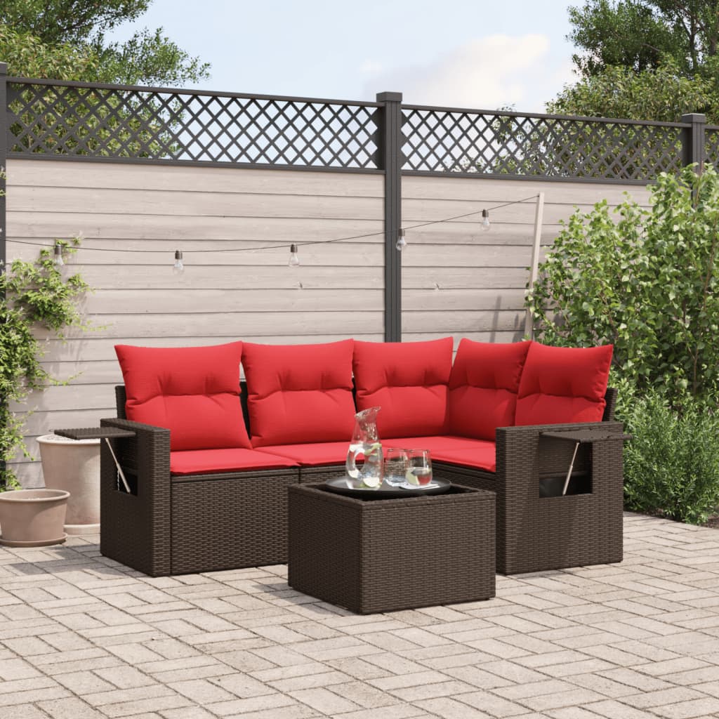 Conjunto de sofá de jardim de 5 peças com almofadas em rattan sintético marrom