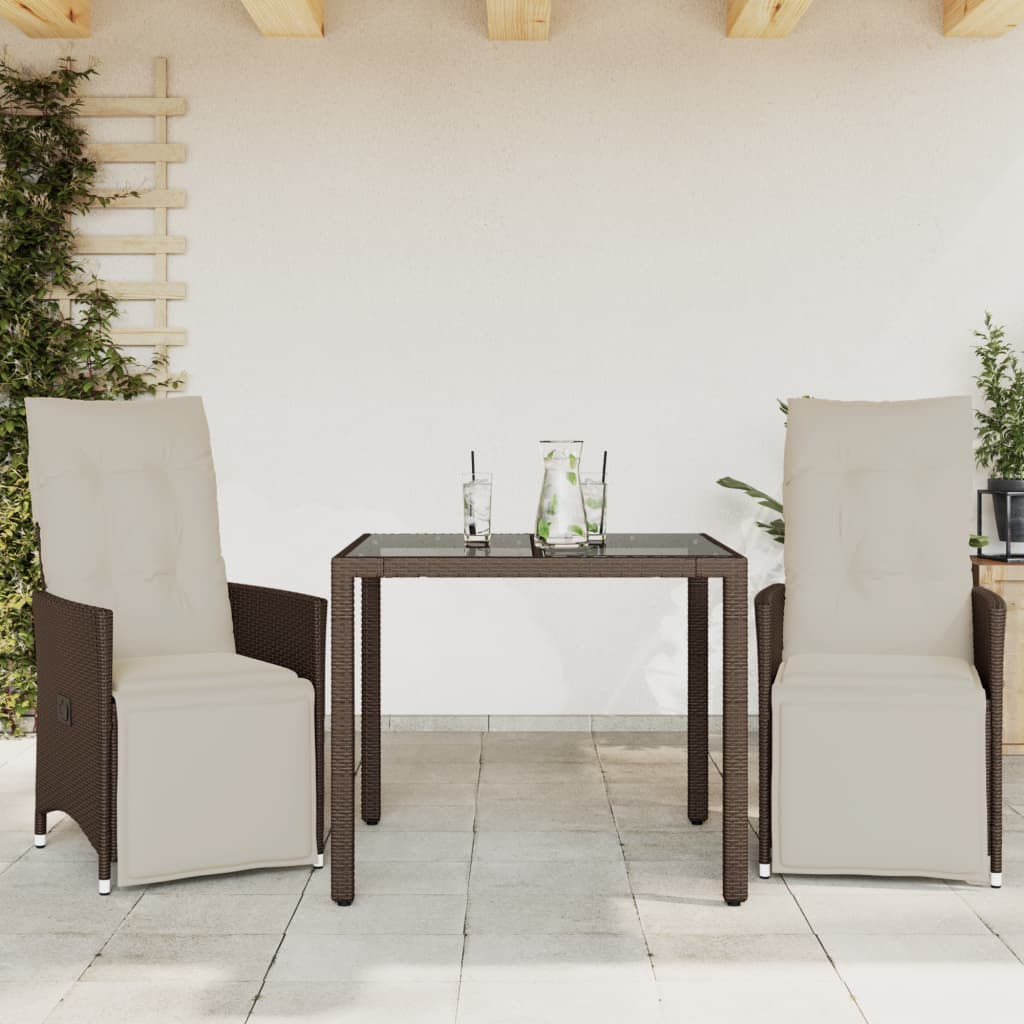 3 Pcs conjunto bistrô de jardim c/ almofadões vime PE castanho