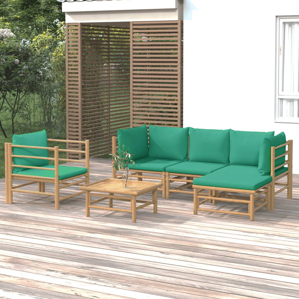 6 Pcs conjunto lounge de jardim bambu c/ almofadões verdes