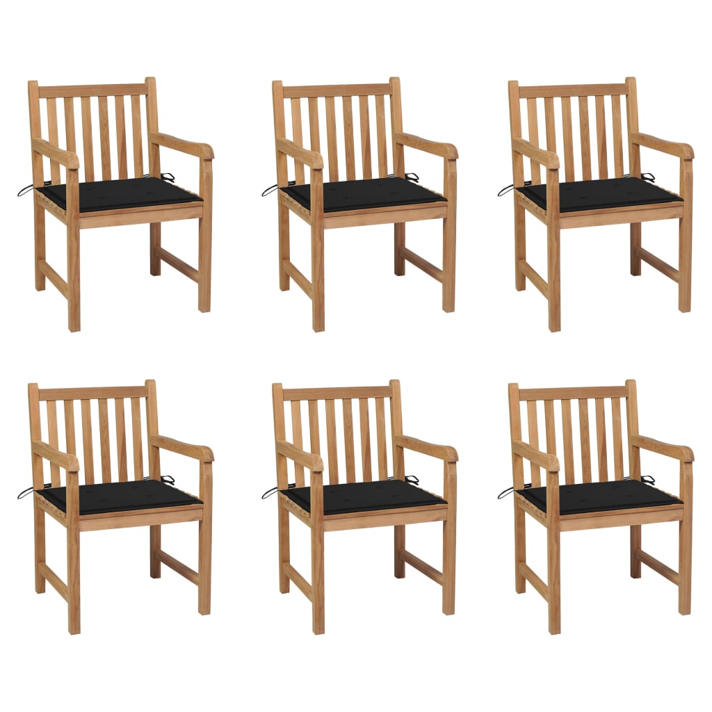 Cadeiras de jardim c/ almofadões pretos 6 pcs teca maciça
