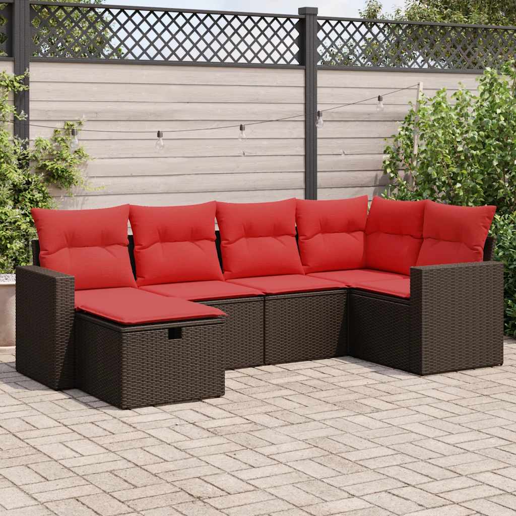 6 Pcs conjunto de sofás jardim c/ almofadões vime PE castanho