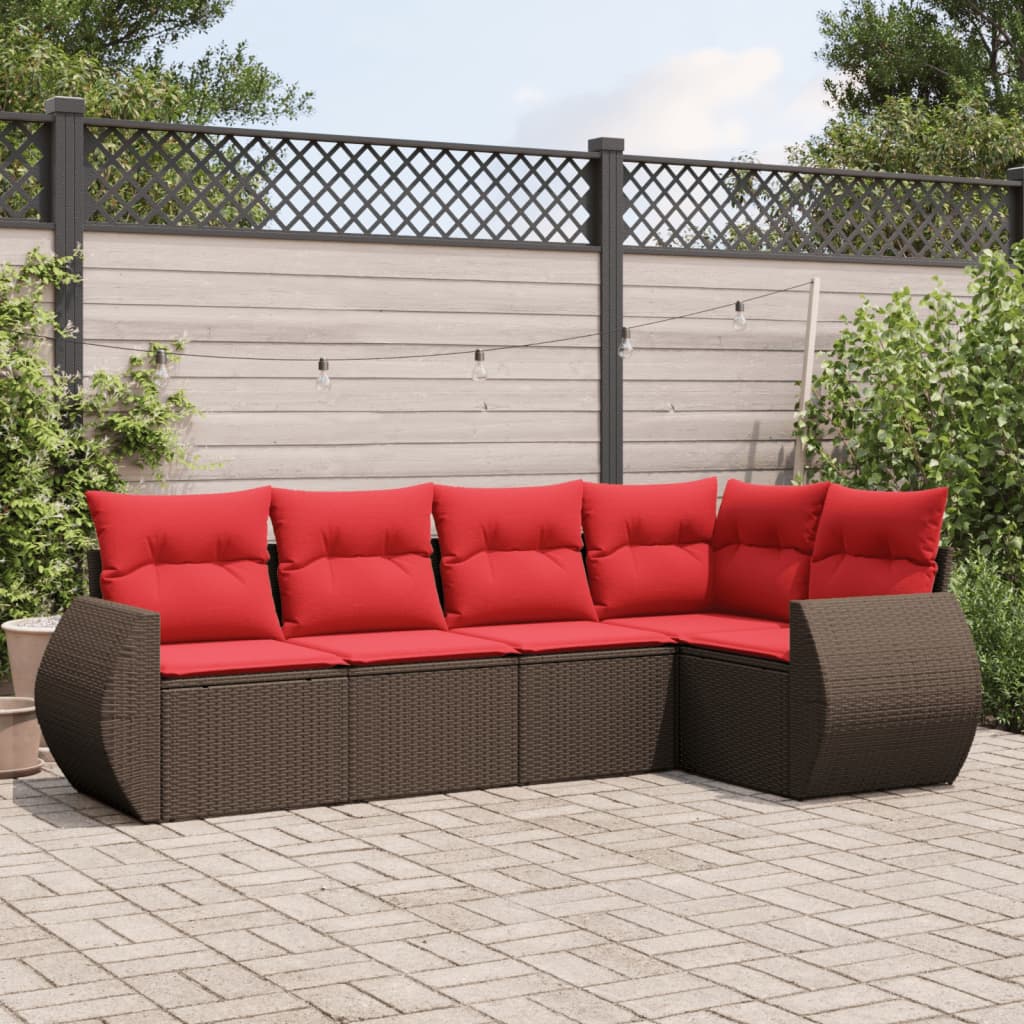 Conjunto de sofá de jardim de 5 peças com almofadas em rattan sintético marrom